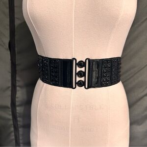 Vintage Elastic Belt Black Faux Leather Stretchy Waist Belt Retro Metal Studs